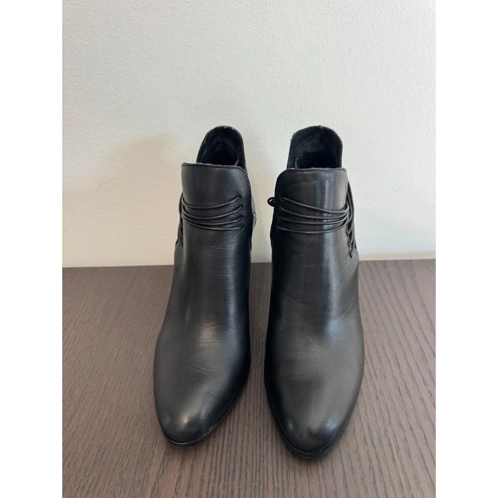 KDB Black Leather Cutout Ankle Boots Women 8 Marble Block‎ Heel Strappy Detail